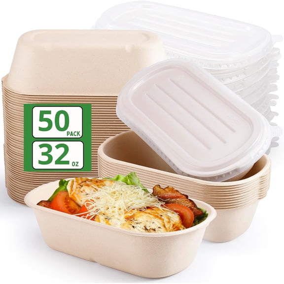 50 Pack Disposable Meal Prep Containers with Lids,32 Oz Paper Bowls with Lids,Sugarcane Fiber Paper Bowls,Compostable Take Out Food Containers for Salad,Leftovers,Salad,Pasta
