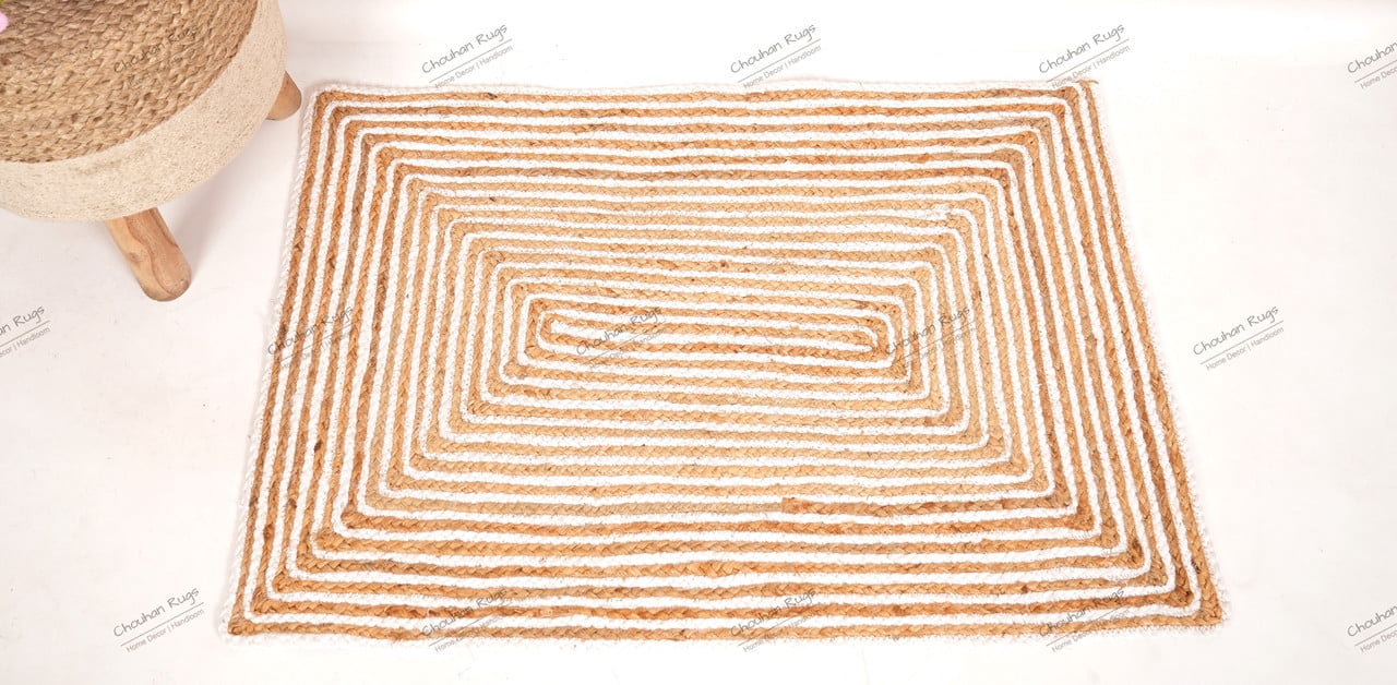Rectangle Rug Natural Jute Rug Hand Braided Beige and White Color Scalloped Area Rug