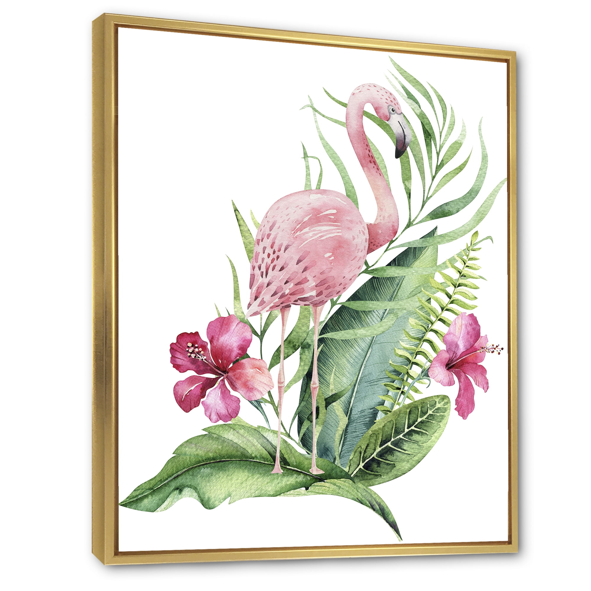 Designart 'Flamingo With Pink Flowers and Exotic Foliage' Traditional Framed Canvas Wall Art Print