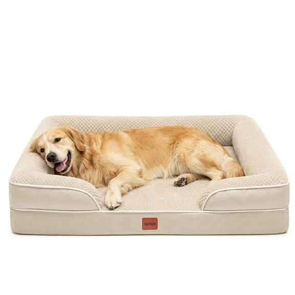 NAPWAYS Orthopedic Dog Beds for Extra Large Dogs, 42x32 Inch Waterproof Memory Foam Dog Sofa Couch Bed with Washable Removable Cover, Egg-Crate Foam Pet Beds with Non-Slip Bottom,Beige