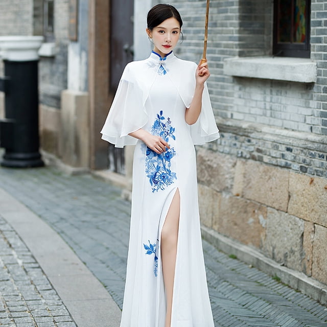 Show Performance Cheongsam Shawl Long Chinese Style Blue and White Porcelain High-end Atmospheric Young Style National Fashion Etiquette Performance Suit