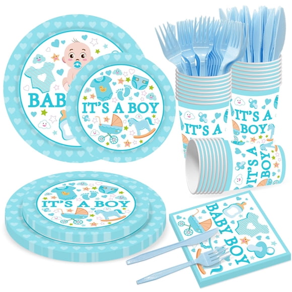 Poqirzan 144 Pcs Fournitures de Fête pour Révélation de Sexe Assiettes et Serviettes de Baby Shower Ensembles de Vaisselle pour Garçon Décorations de Fête de Baby Shower Incluant Chariot en Papier