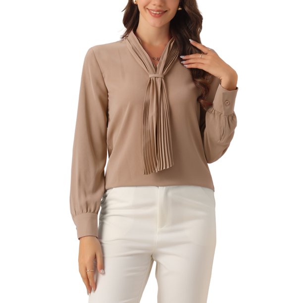 INSPIRAR CHIC Blusas de Manga Larga para Mujeres Chifón Plisado con Cuello de Lazo Camisa de Oficina Talla S Caqui
