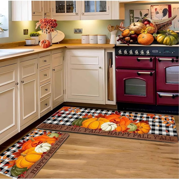 2Pcs Fall Kitchen Rugs and Mats , Thanksgiving Kitchen Rug Non Slip Backing Fall Decorations for Home Seasonal Farmhouse Fall Holiday Autumn Kitchen Floor Mat 16"X47" 16"X24"