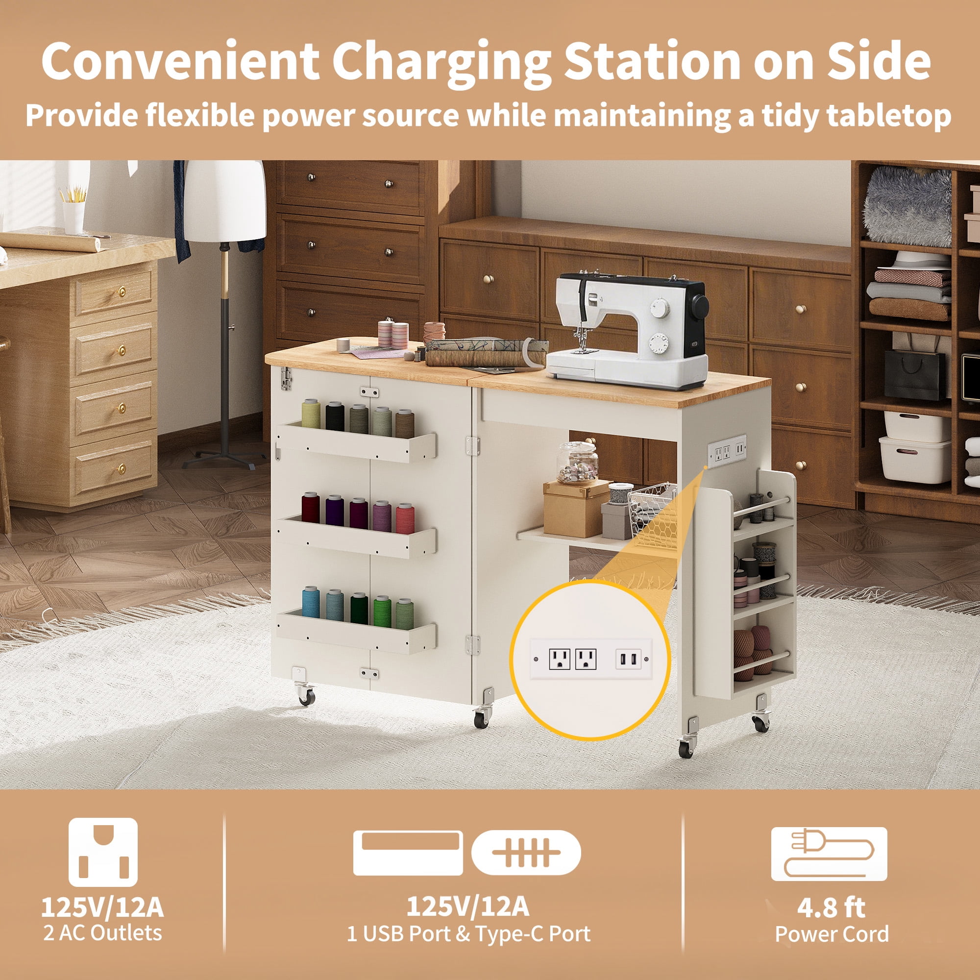 WARAYZ Foldable Space-Saving Sewing Table with Storage, Power Outlet, 6 Side Trays & Open Shelf, Lockable Wheels, White, 1 Count