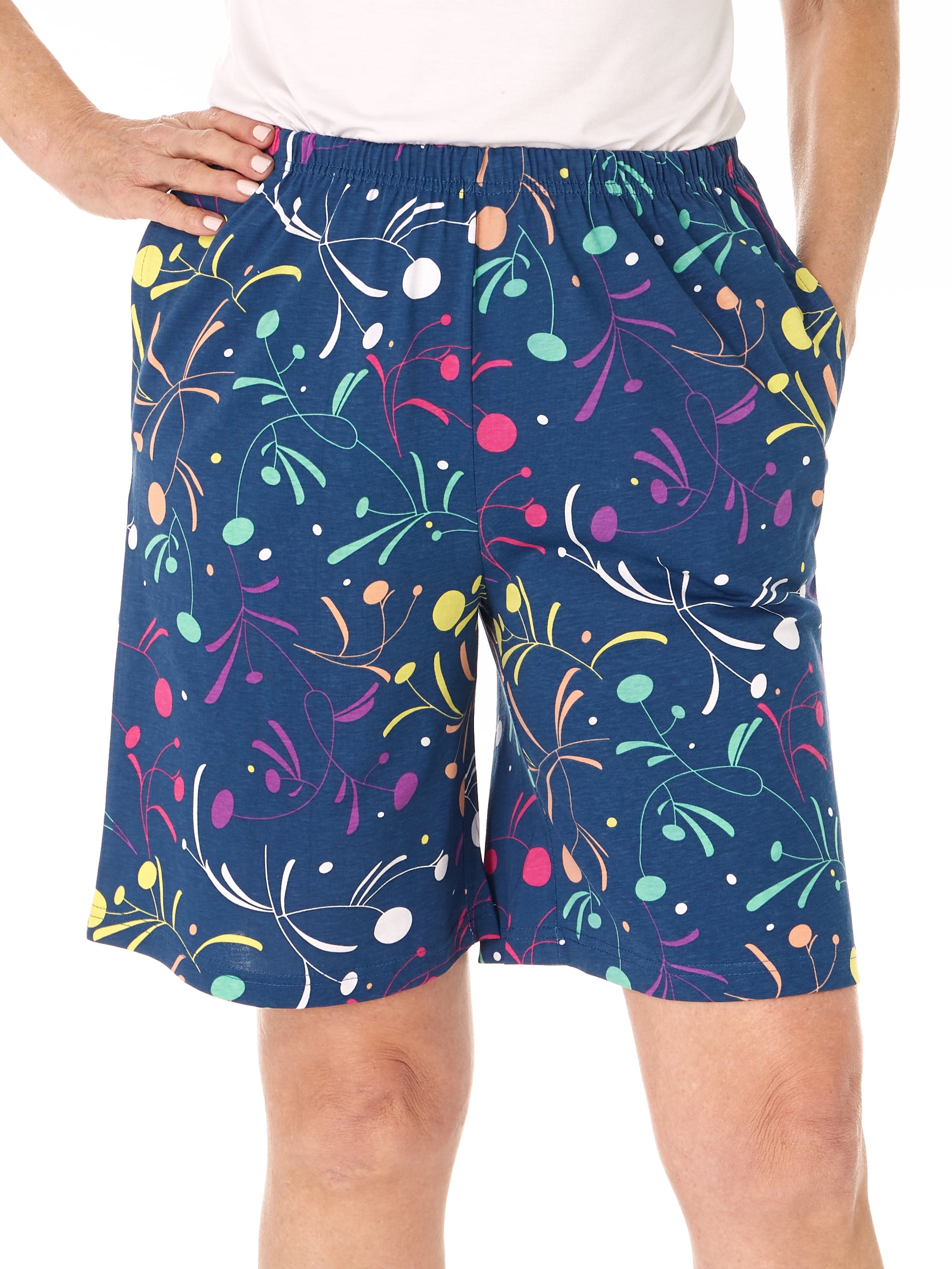 AmeriMark Women's Shorts - Full Elastic Waist Athletic Bermuda Shorts -  Ladies 100% Cotton Pull-On Golf Shorts with Pockets Navy Print 5X -  Walmart.com