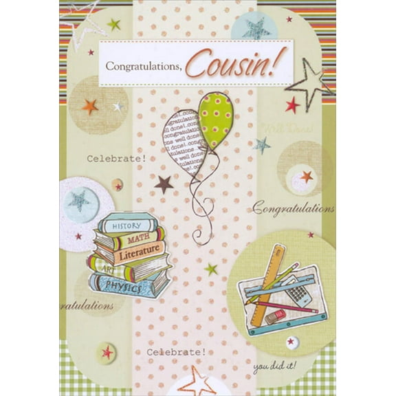 Designer Greetings Books, Balloons and School Supplies Graduation Congratulations Card for Cousin