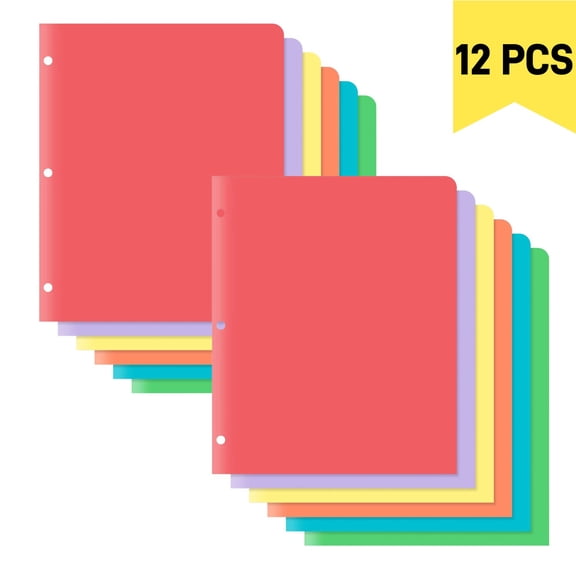 12 Pcs Plastic Folders with Pockets Bulk, 3 Hole Punched 2 Pocket File Folders for 3 Ring Binder, Durable Heavy Duty Colored School Folders, Letter Size