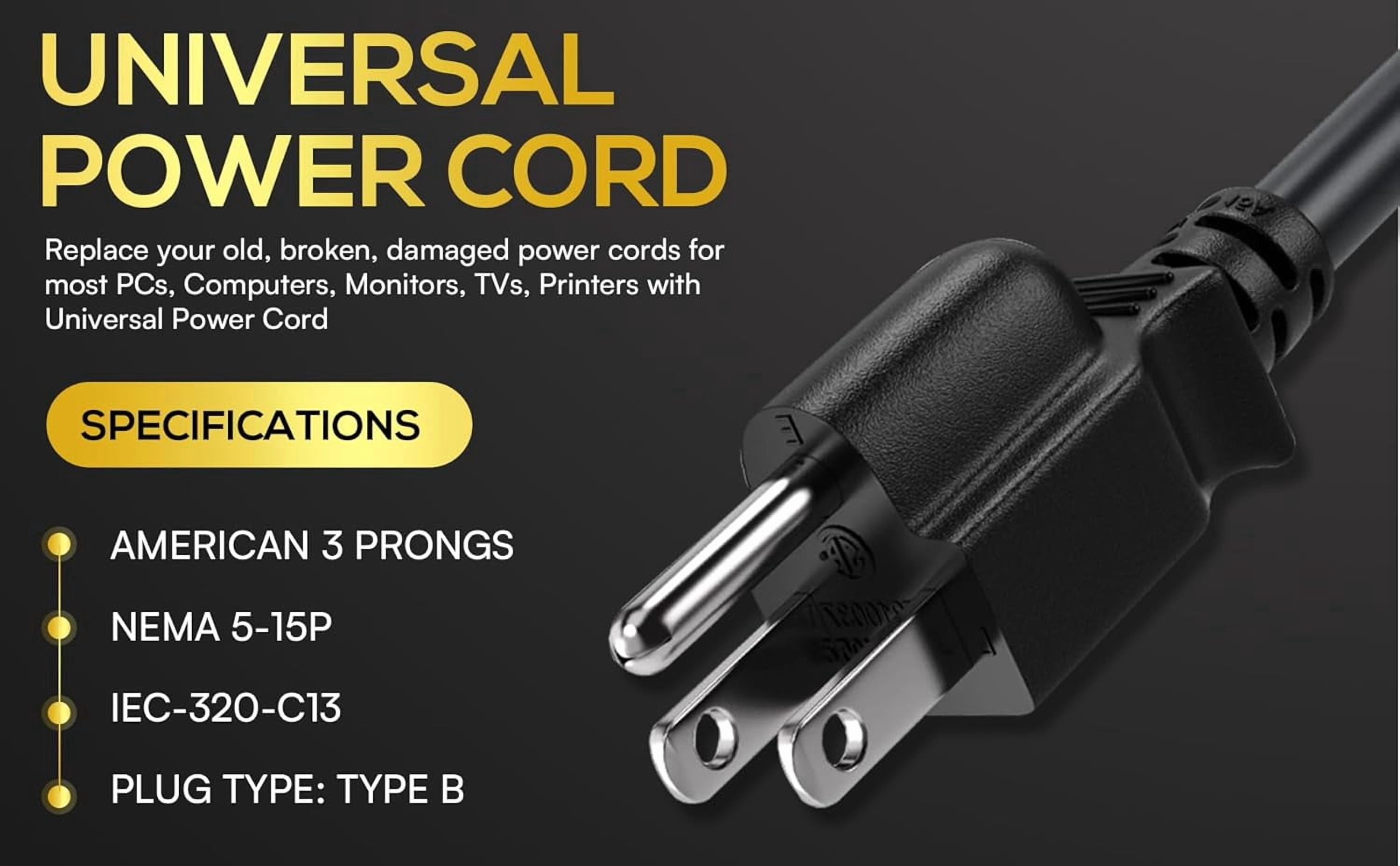 LujingZ Cable Leader 15ft 14AWG Computer Power Cord, NEMA 5-15P to IEC C13 AC Power Cable, Heavy Duty 3-Prong Replacement Power Cord for PC, Monitor, Printer, Server & TV - Black