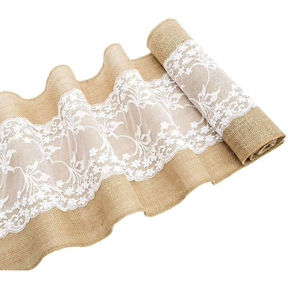 5Pcs Rustic Burlap Table Runner with Lace Natural Jute Hessian Table