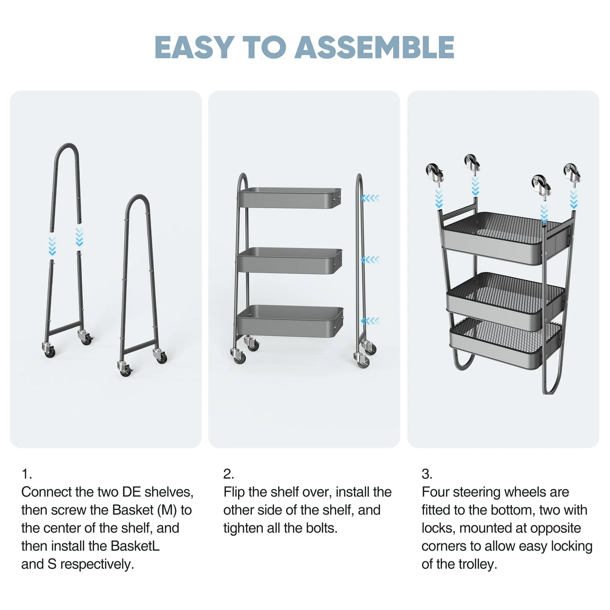 GIANNA 3 Tier Rolling Cart Organizer, Plastic Rolling Cart with Lockable Wheels & Reinforced Handle, Lightweight Utility Cart Storage Cart for Nursery, Kitchen, Bathroom, Craft Room