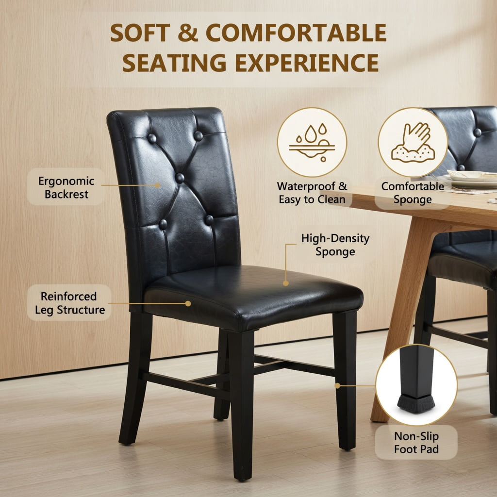 Hommoo 2-Pack PU Leather Dining Chairs with Ergonomic Buckle Backrest, 35 in Tall Modern Minimalist Chairs for Dining Room, Hotel Banquet Hall & Cafe, Black