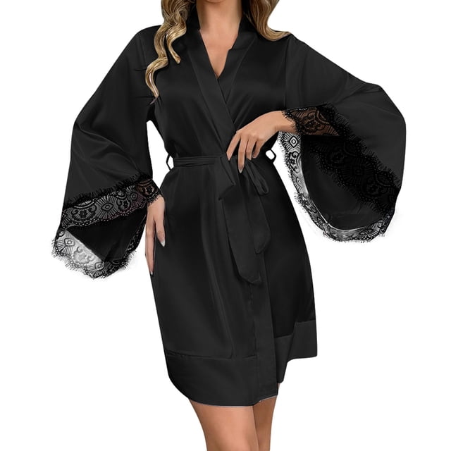 Pajamas, Women Silk Robe Short Trim Satin Robe 3/4 Sleeves Kimono Bridal Robe Comfortable Nightgown, Pajamas Set for Woman(Black,M)