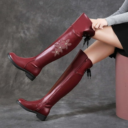 

Njoeus Women S Knee High Boots Brown Women S Knee High Boots Wide Calf Over-The-Knee Boots Women S Flat Bottom Low-Heel Round Toe Rhinestone Boots Flower Side Zipper Rider Boots Women S Knee High Boo