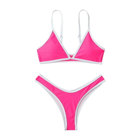 UTSJKR Womens High Waisted Bikini Sets Sporty Color Block Cheeky High Cut Swimsuits Two Piece Bathing Suit Hot Pink M