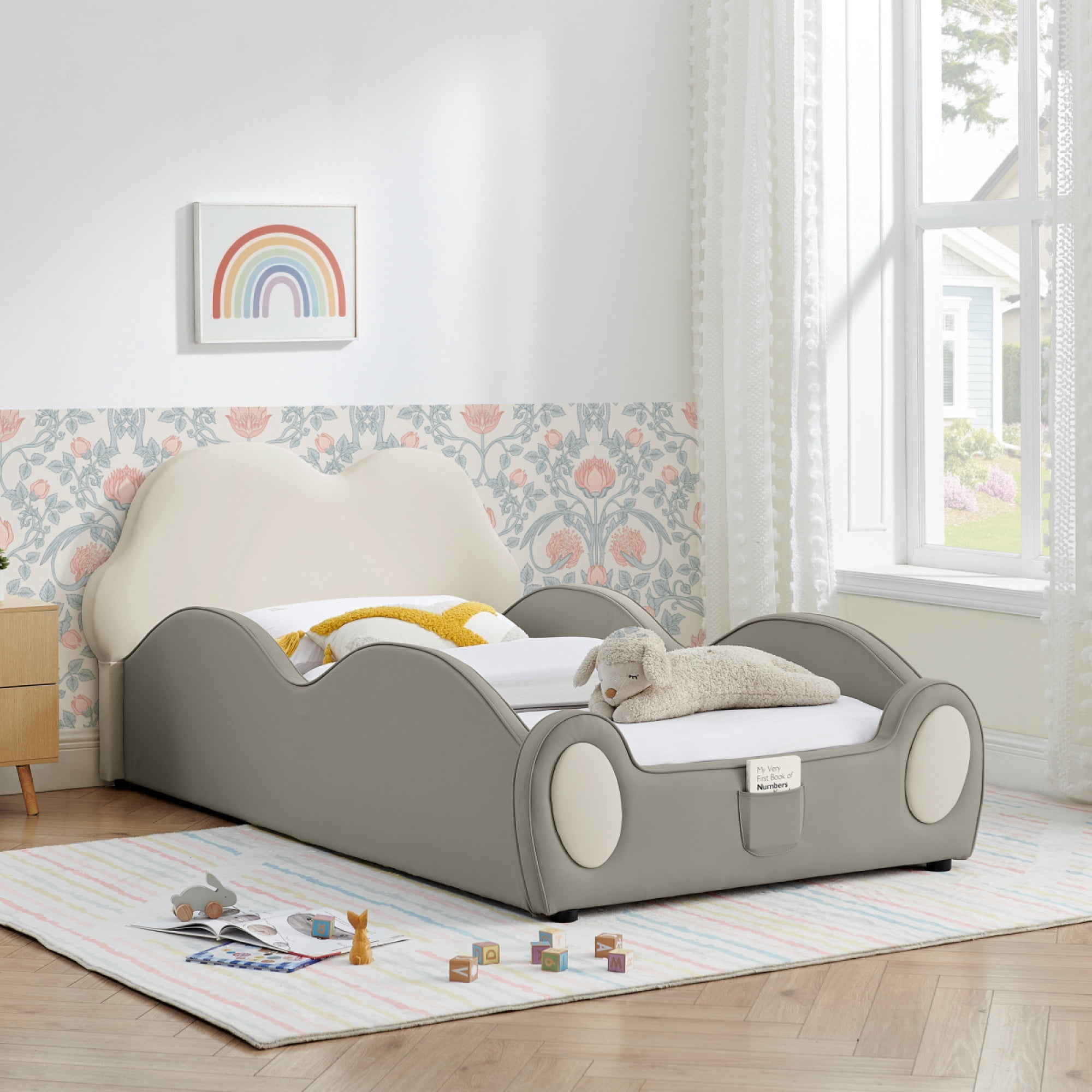 Twin Size Cute Cloud Shape PU Leather Bed with Guardrails, Safety Toddler Bed with Cartoon and Storage Pocket,Beige + Grey