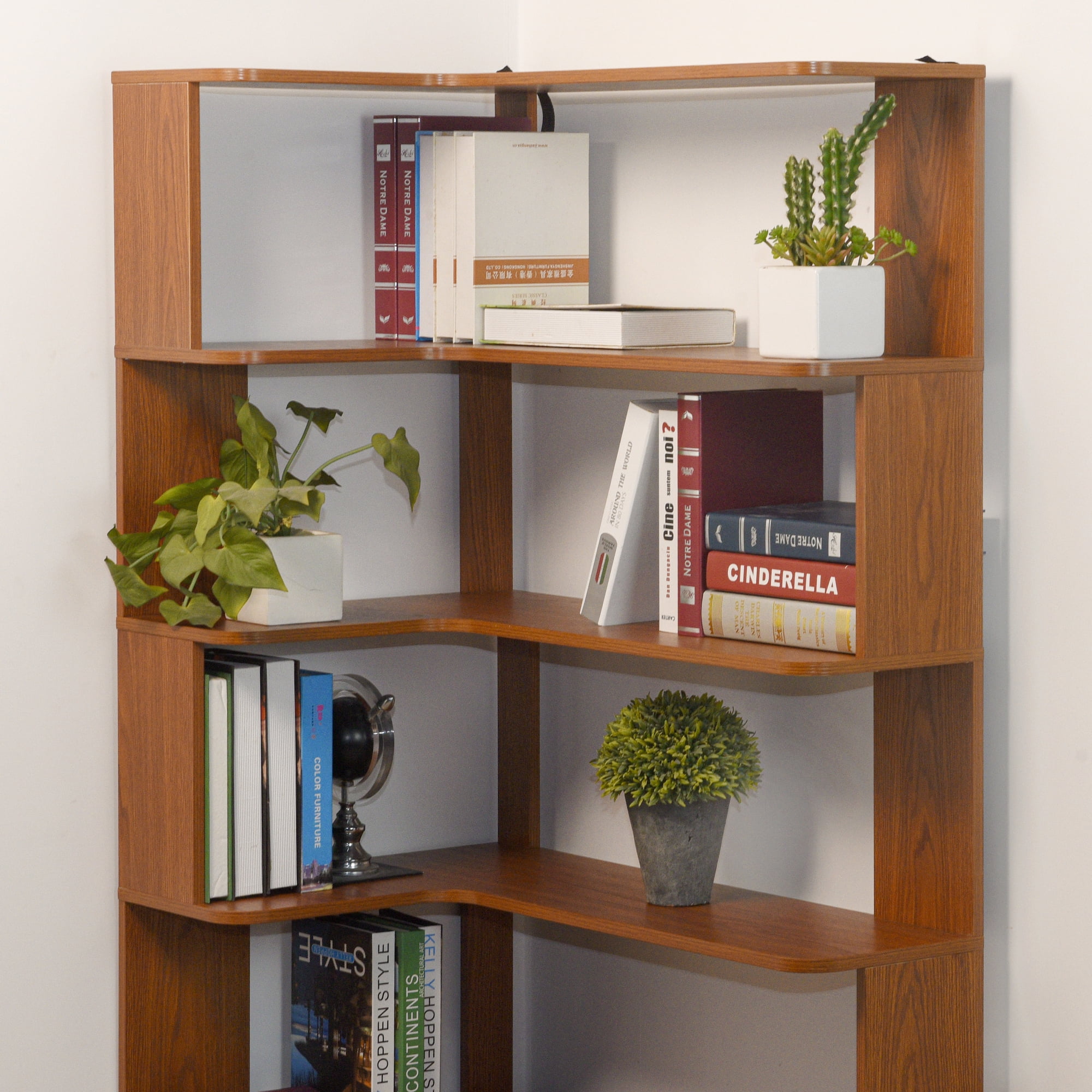 Leumius 5 Tier Freestanding L-Shaped Corner Bookshelf,Wooden Bookcase with Anti-drop Panel and Anti Tipping Device, Display shelf Open Storage,Dark Oak