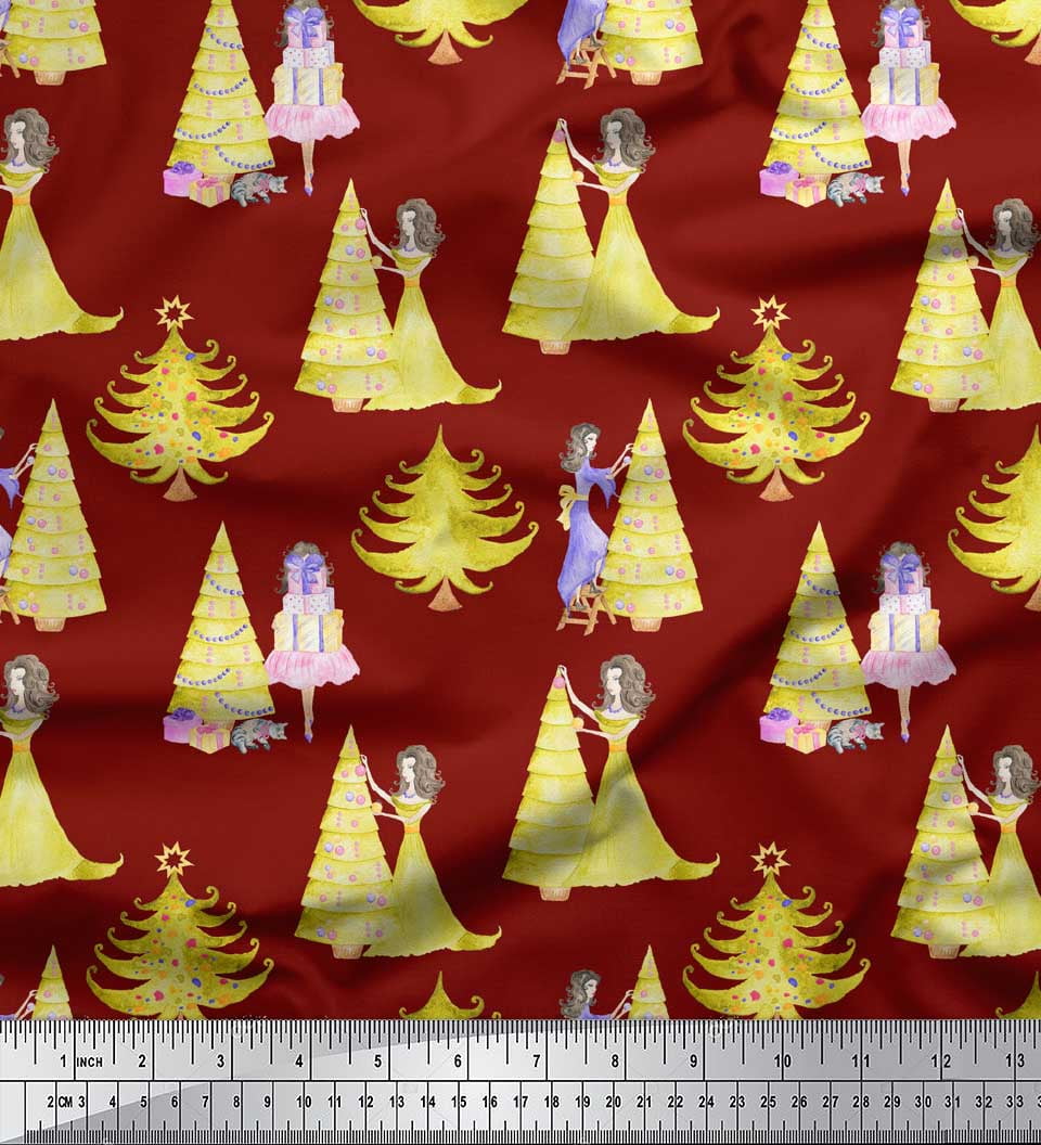 Soimoi Red Georgette Viscose Fabric Women,Gift Box & Tree Christmas Fabric Prints By Yard 42 Inch Wide