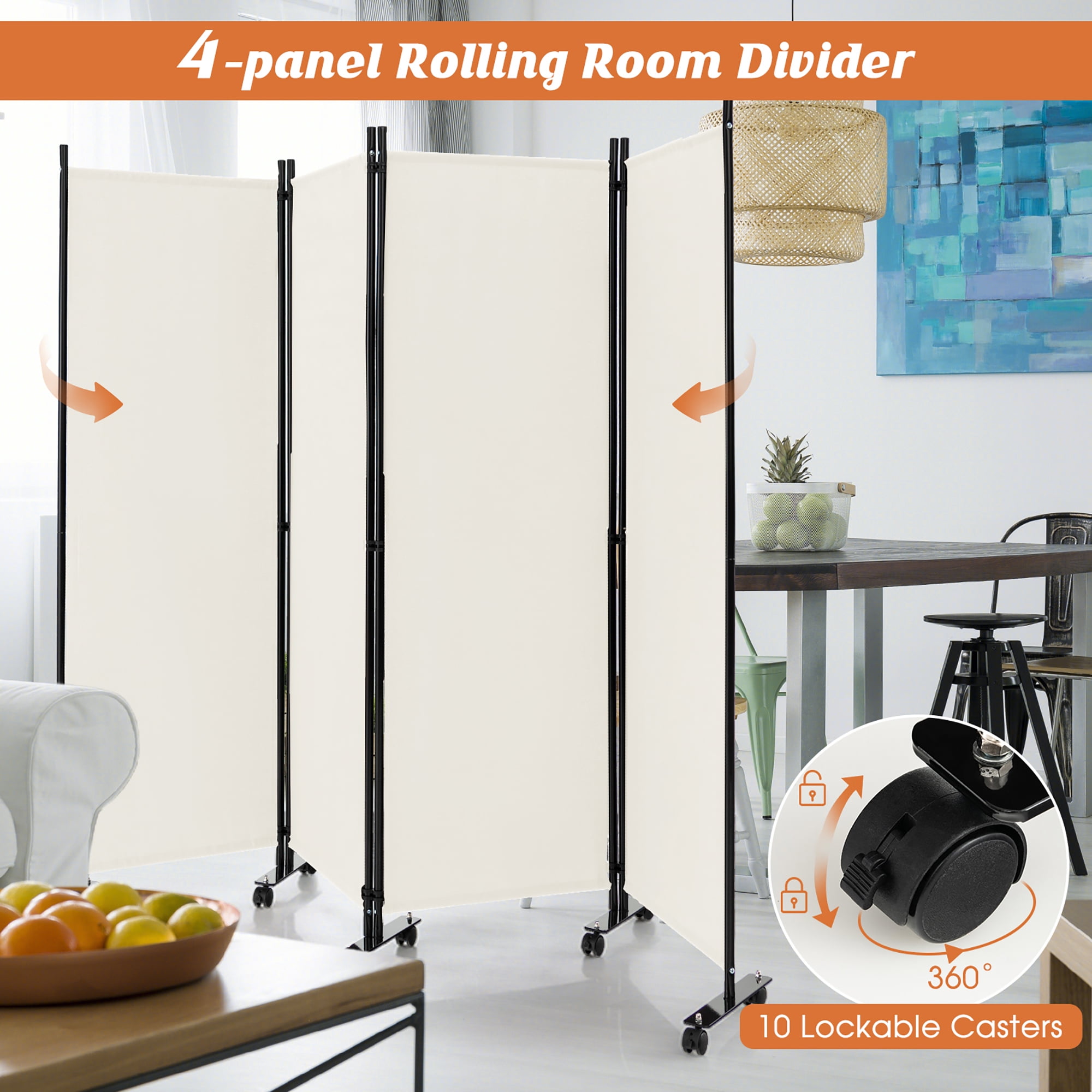 Costway 4-Panel Folding Room Divider 6FT Rolling Privacy Screen with Lockable Wheels White