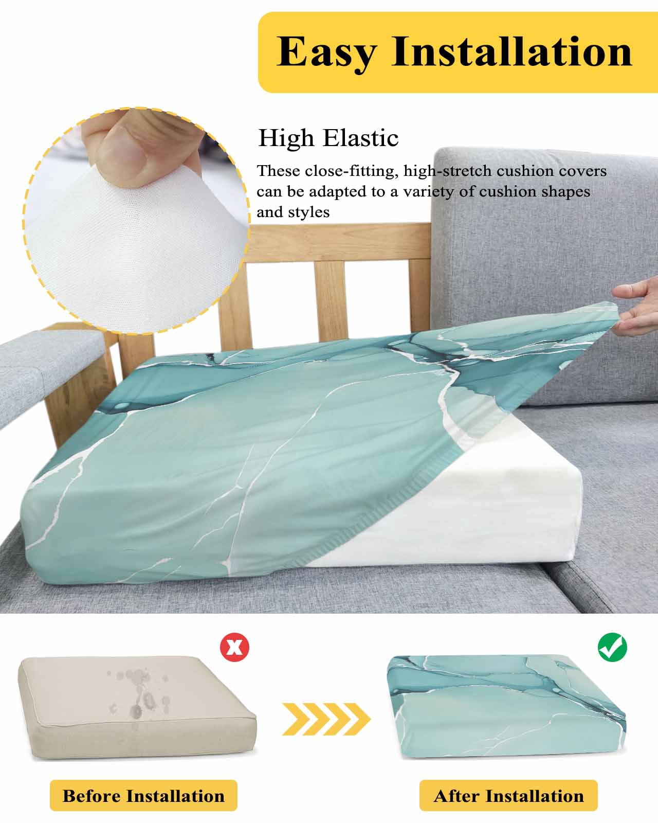 Turquoise Couch Cushion Covers,Stretch Seat Cushion Covers for Sectional Sofa,Modern Marble Ink Painting Abstract Art Individual Sofa&nbsp;Slipcovers Furniture Protector with Elastic&Straps 1Pcs,S