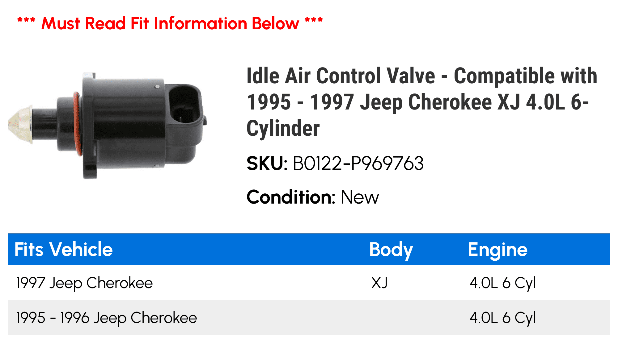 Idle Air Control Valve - Compatible with 1995 - 1997 Jeep Cherokee XJ 4.0L 6-Cylinder - Holstein