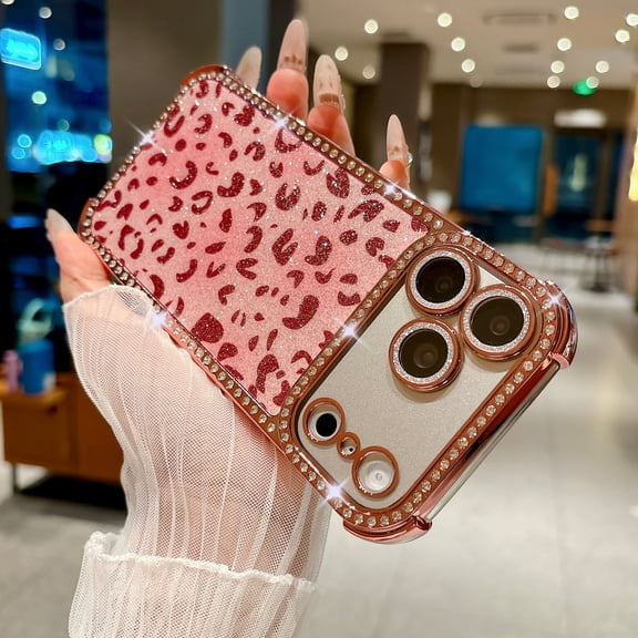 Case for iPhone 14 Pro with Lens Protector, Bling Rhinestone Leopard Pattern TPU Plating Protective Anti-Scratch Lightweight Fashion Wireless Charging Case for Girls & Women - Pink