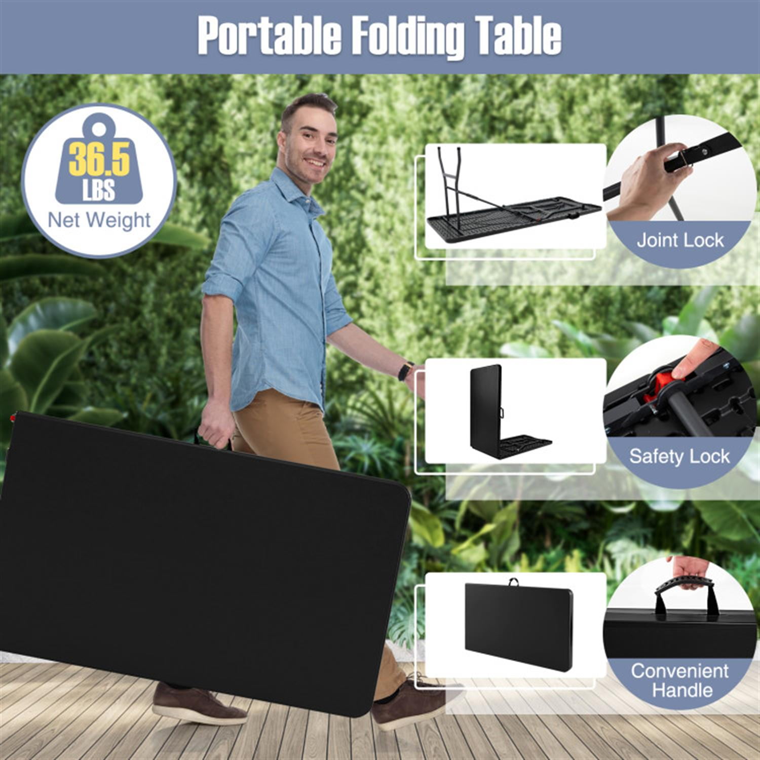 Demi Bonn 8 ft Portable Folding Table 350S Fold-in-Half Table with HDPE Tabletop fordoor Outdoor, Plastic Dining Picnic Party Camping Table, Black