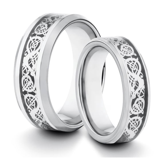 TungstenMasters Roberto Ferrini Design HIS & HERS 8MM/6MM Tungsten Carbide Polished Asian Dragon Inlay Design Comfort Fit Wedding Band TWO RING SET (Available Sizes 4 - 14 Including Half Sizes)