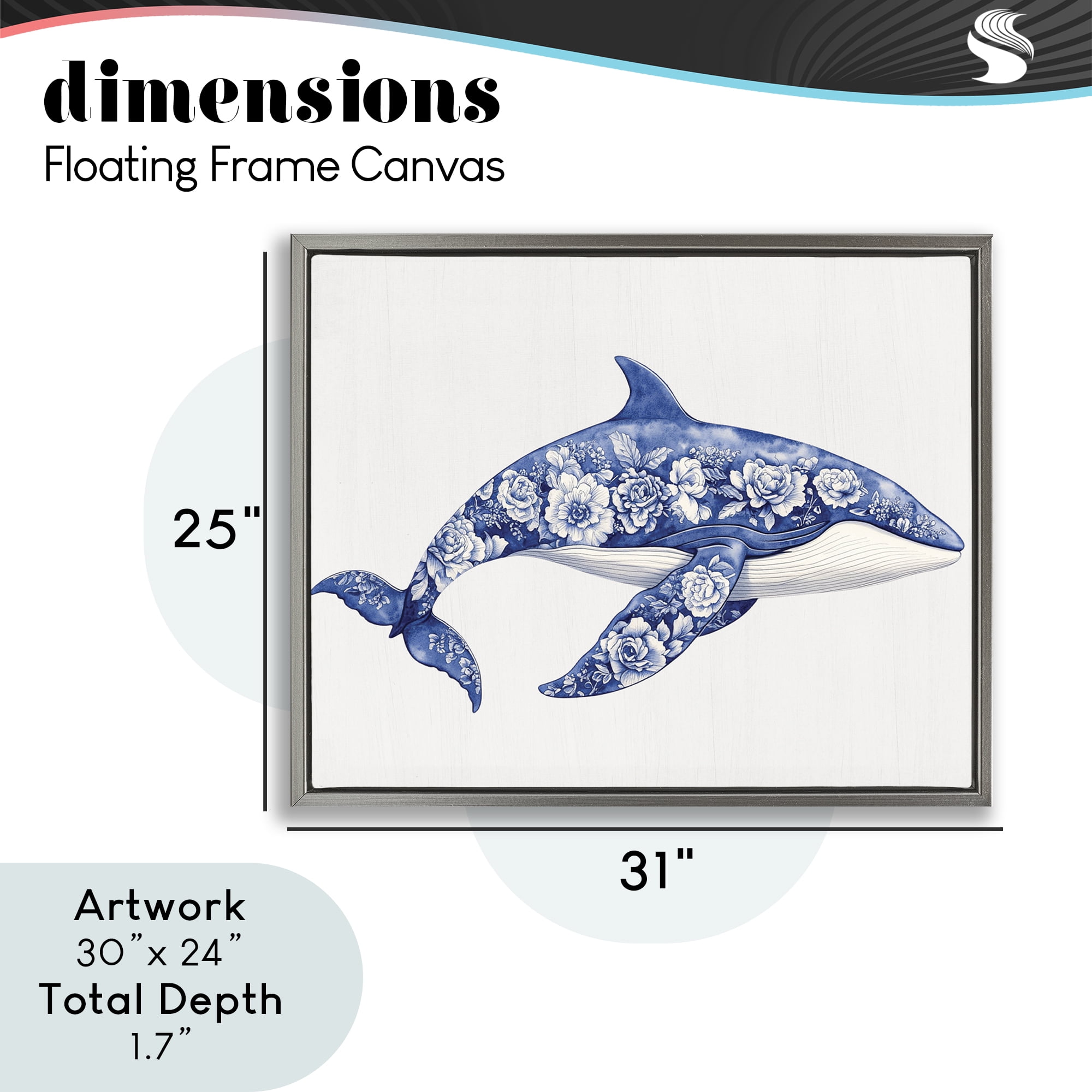 Floral Toile Whale Gray Framed Floater Canvas Wall Art, design by Lettered and Lined