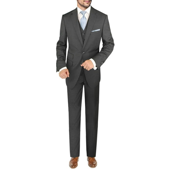 Mens Ticket Pocket 3-piece Charcoal Wool Trim Fit Vested