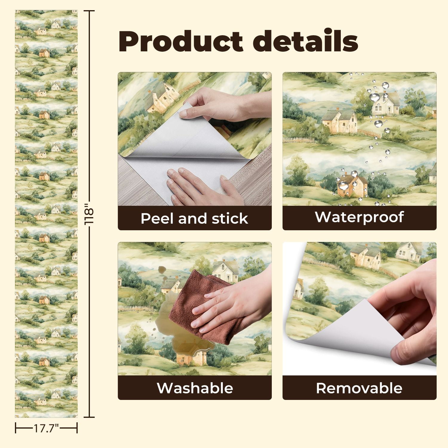 Peel and Stick Wallpaper 17.7in x 9.8ft Watercolor Landscape Rolling Hills Rural Houses Soft Foggy Contact Paper Vinyl Waterproof Self Adhesive Wall Paper for Bedroom Shelf Cabinet Renter Friendly