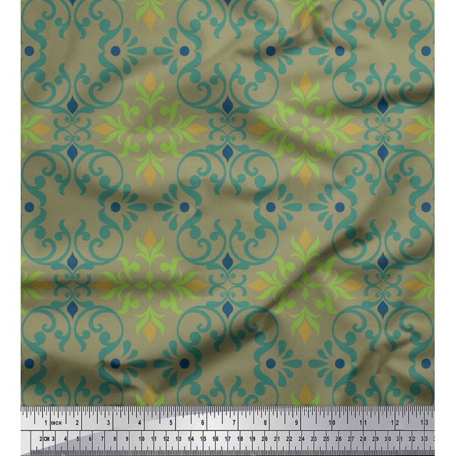 Soimoi Green Rayon Fabric Moroccan Damask Print Fabric by Yard 56 Inch Wide