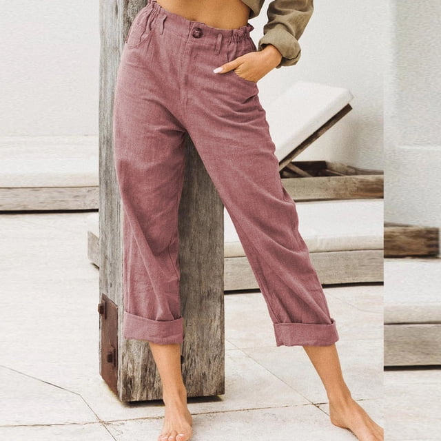 Jsaierl Line Straight Leg Pants for Women Button Elastic Waisted Lounge Pants Comfy Solid Color Beach Vacation Trouser with Pockets