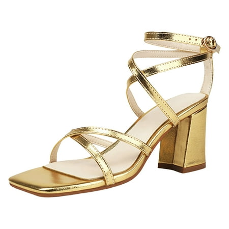 

YUHAOTIN Gold High Heels for Women Spring and Summer New Sandals Ankle Trip Strap Solid Color Thick High Heel Big Size Sandals High Heel Loafers Black Sandals Women Comfortable Dressy