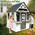 thumbnail image 4 of iRerts Outdoor Playhouse, Wooden Playhouse for Kids Play House with Front Door, Flower Pot Holders, Stove, Sink, Doorbell, Windows, Indoor Outdoor Kids Play Equipment Gift for Ages 2+, Black+White, 4 of 14