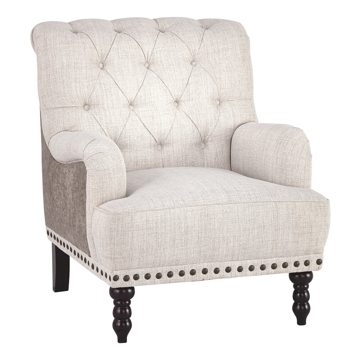 Wooden Accent Chair with Fabric and Faux Leather Upholstery,Gray and