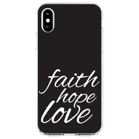 DistinctInk Clear Shockproof Hybrid Case for iPhone X / XS (5.8 Screen) - TPU Bumper Acrylic Back Tempered Glass Screen Protector - Faith / Hope / Love - Black & White - Show Your Love of Christ