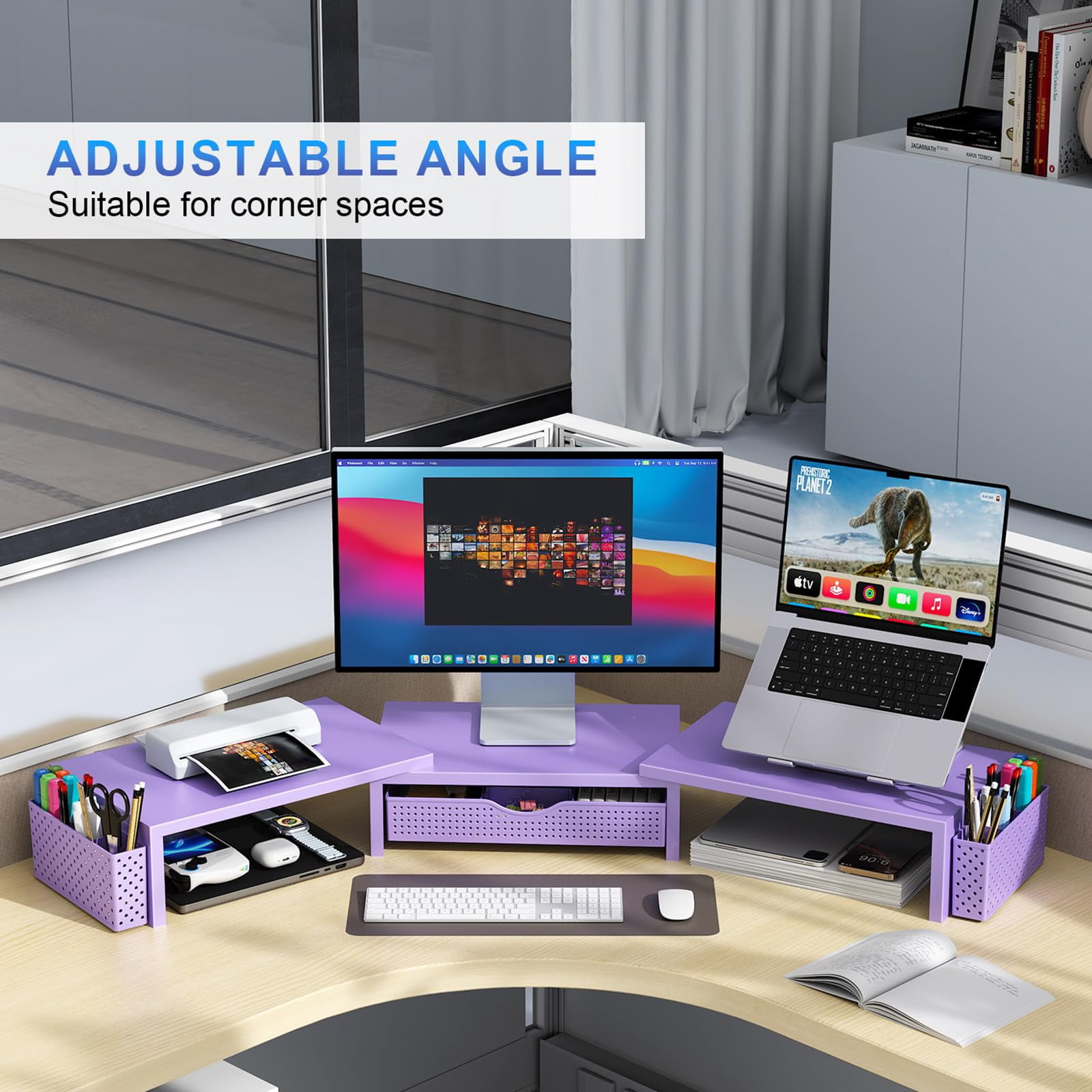 Dual Monitor Stand Riser  Desk Organizer With Drawer And 2 Pen Holders Organizers Accessories Purple Office Decor (purple)