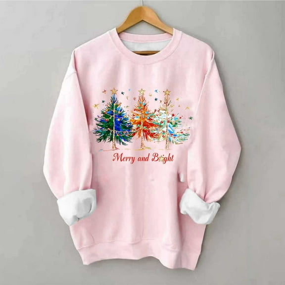 HOMBOM Crewneck Sweatshirts for Women Cute Christmas Pink Winter Merry Xmas Ladies Sweatshirt Tree