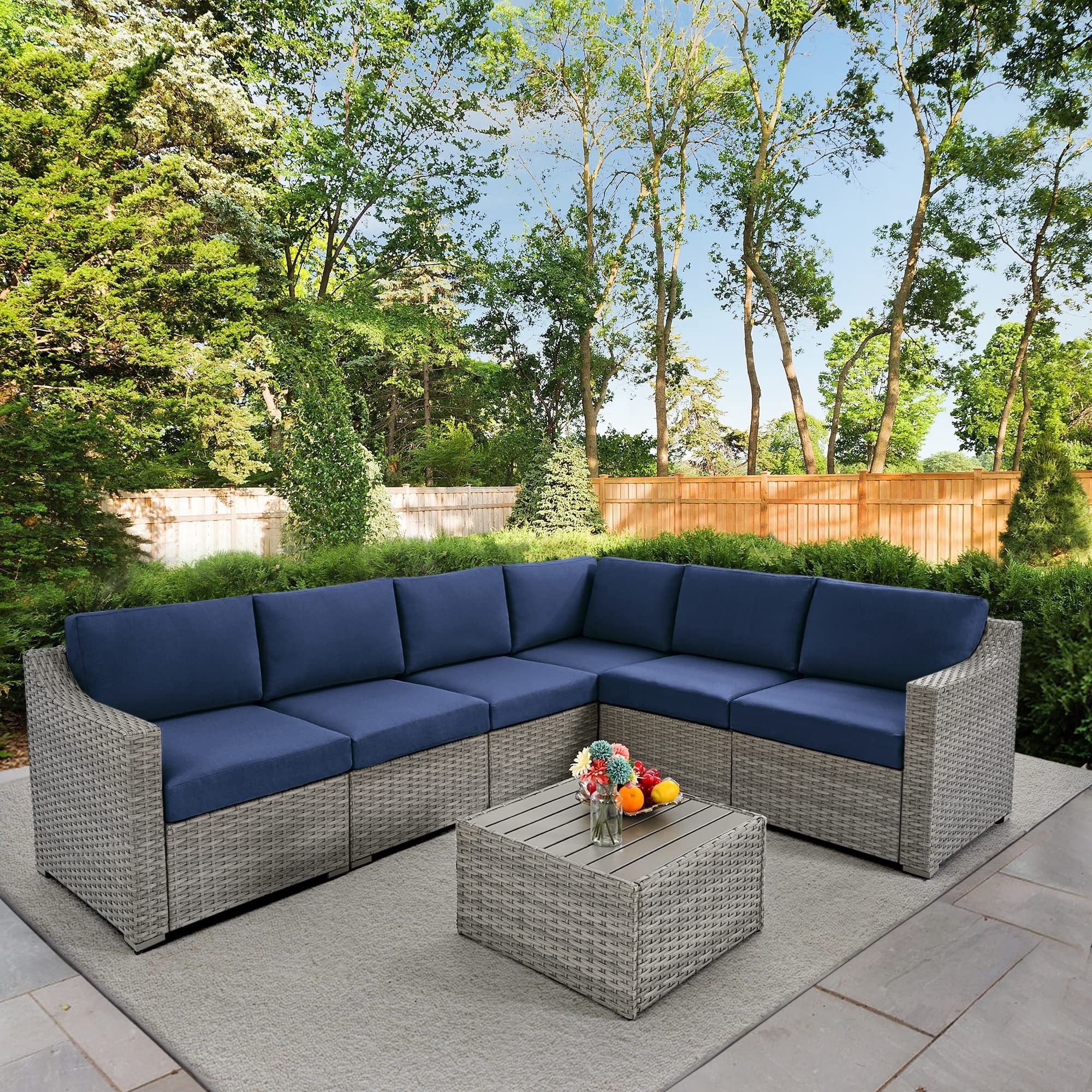 7 Piece Patio Conversation Set, Outdoor Rattan Wicker Sectional Sofa, All-Weather Modular Patio Furniture Set with Cushions for Backyard, Balcony, Porch (Grey/Blue)