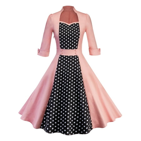 50s Women Vintage Polka Dot Rockabilly Swing Pinup Evening Party Housewife Dress Long Sleeve