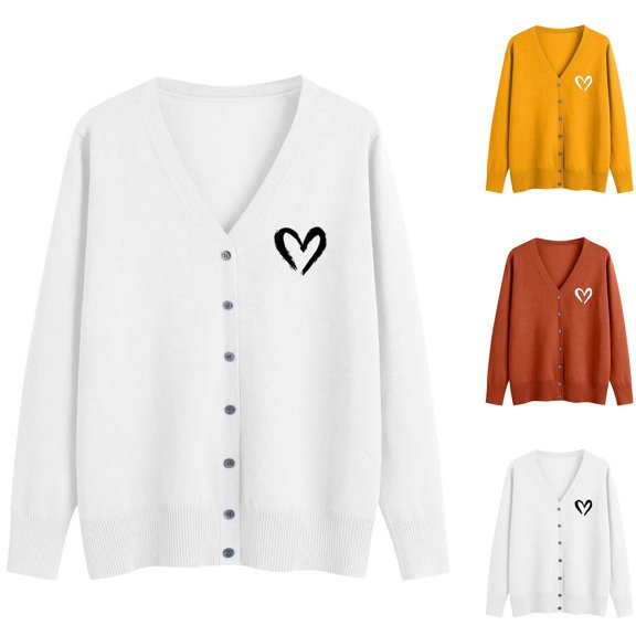 Hfnxid Women's Cardigan Sweaters Printed V-Neck Long Sleeve Sweater Casual Knit Cove Up Lightweight Soft Fall Clothes Yellow XXL
