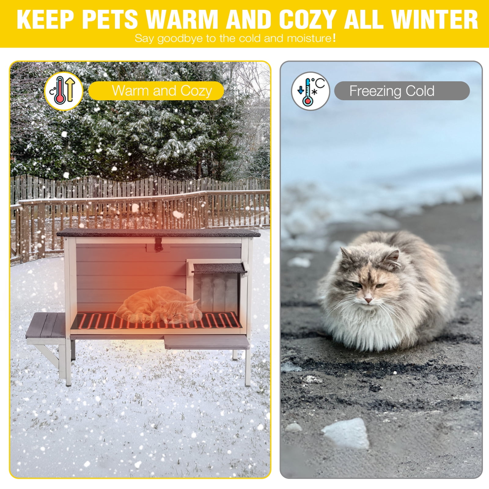 Aivituvin Heated Cat House for Outside Outdoor Insulated Cat House for Winter Weatherproof Shelter with Heated Pad, All-Round Thermal Liner