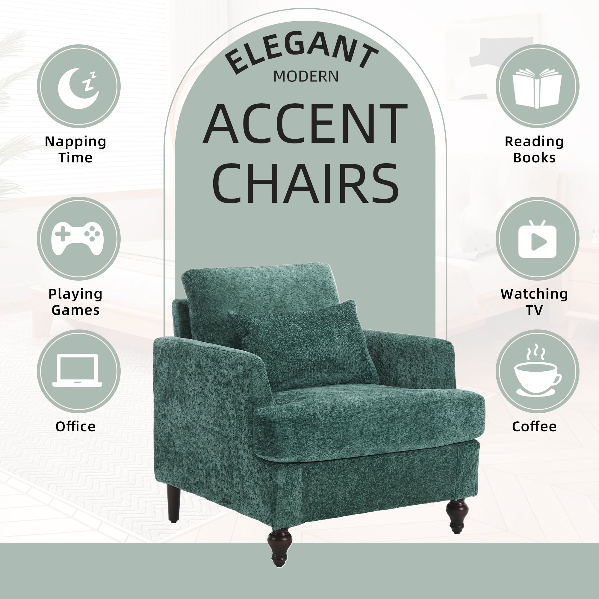 MOONMISS Modern Accent Chair, Wood Frame Upholstered Chenille Arm Chair, Comfy Small Single Couch For Living Room, Bedroom,Office Room Emerald