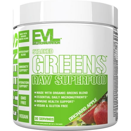 Evlution Nutrition Stacked Greens - Raw Superfood - Made With Natural Greens Blend   Essential Daily Micronutrients - Immunity   Hydration Support - Vegan & GMO-Free - 30 Servings - Orchard Apple