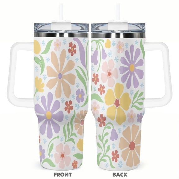 40oz Pastel Floral Tumbler with Handle and Straw Cute Spring Flower Stainless Steel Insulated Travel Coffee Cup Gift for Women