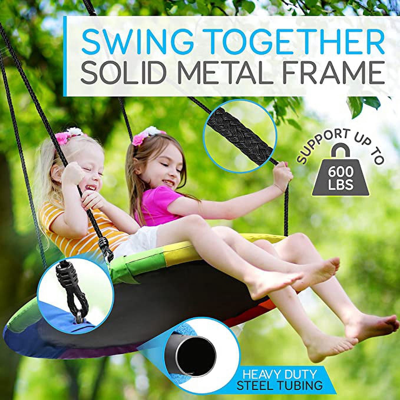 SereneLife Saucer Swing with Hang Kit, Outdoor Tree Swing with Swivel Spinner for Kids (Rainbow)