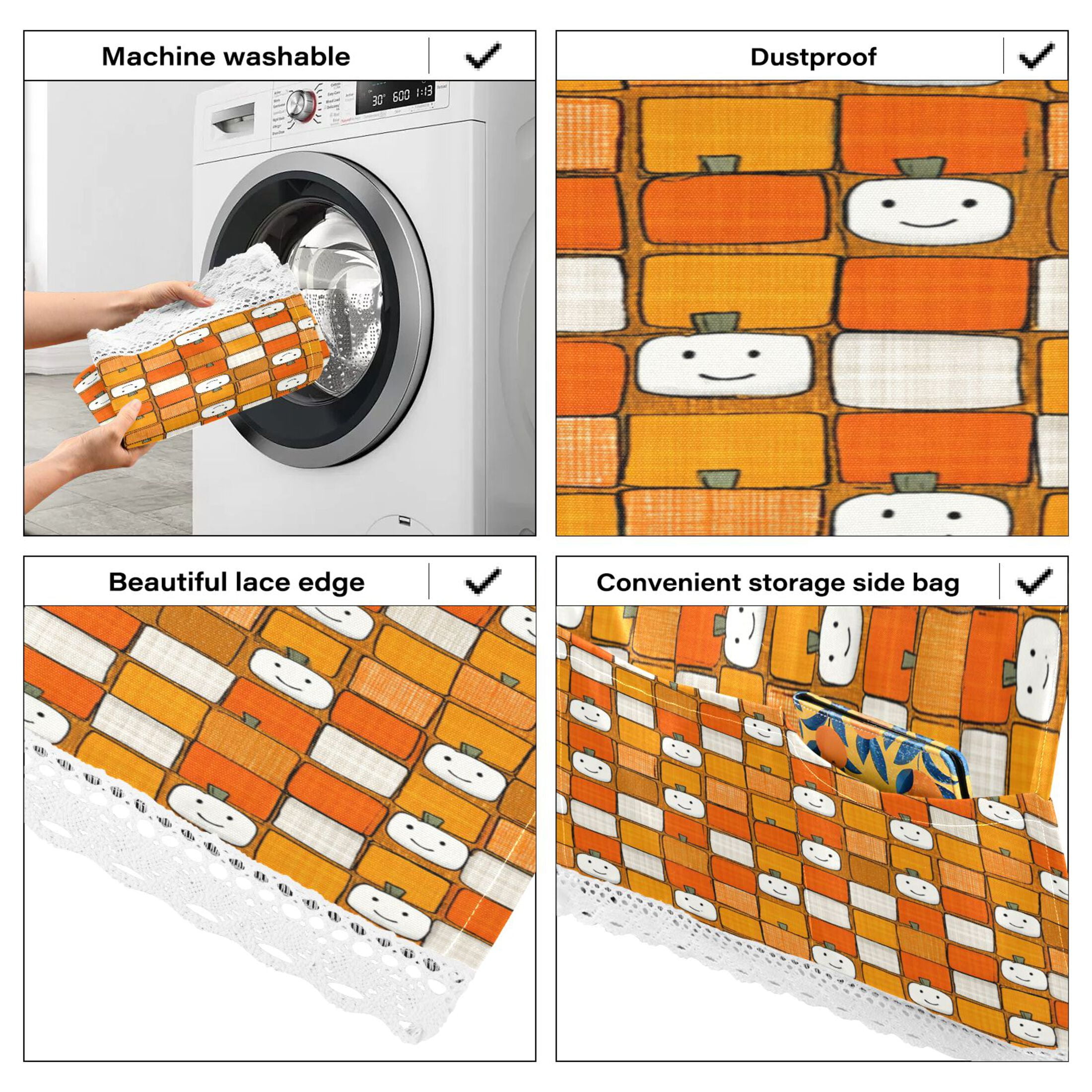 Dustproof Washing Machine Cloth Washer and Dryer Top Covers, Fridge Dust Cover, With Storage Bags Squares with Smiling Pumpkins