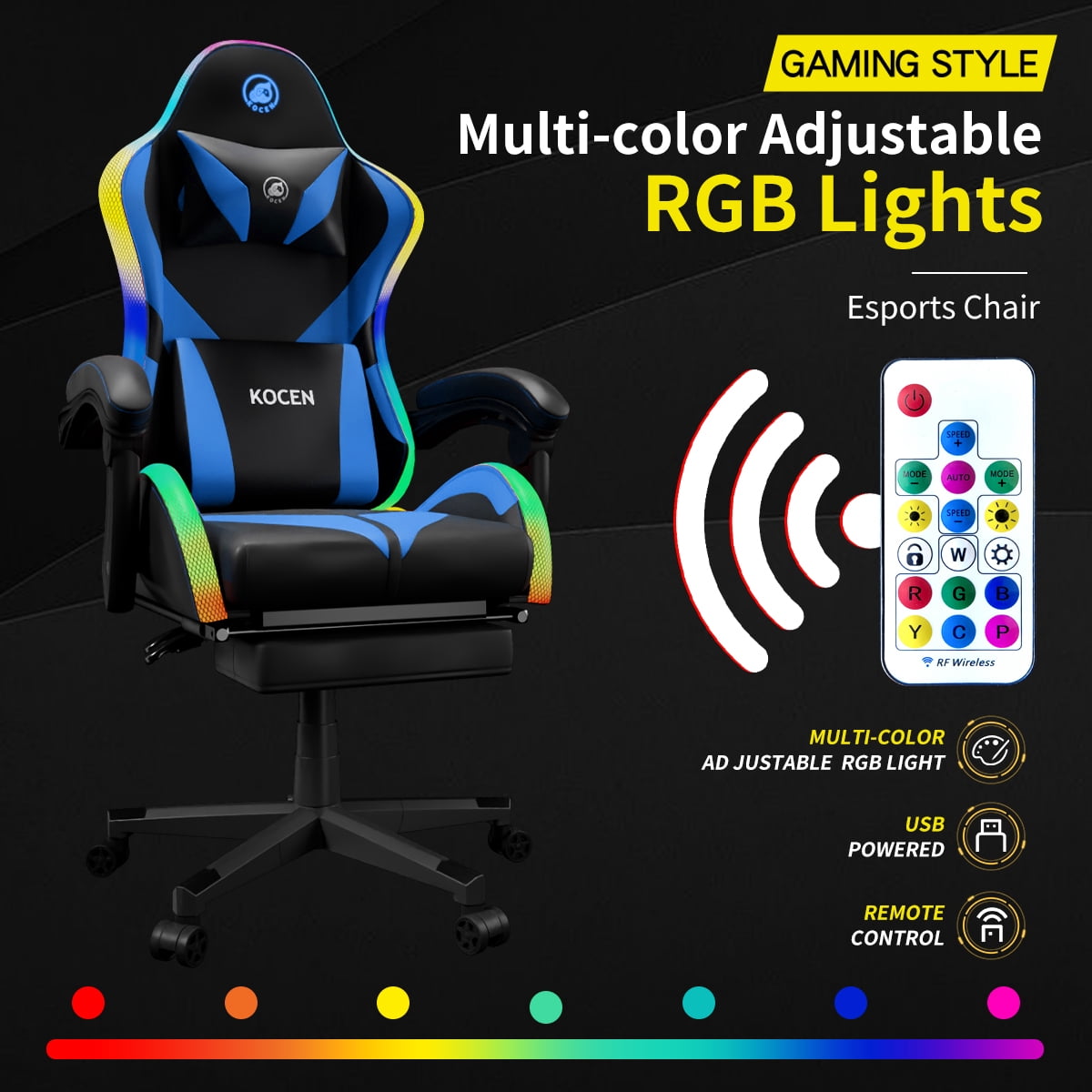 KOCEN Tall and large adult Gaming Chair , Racing Style RGB LED Light Adult Gaming Chairs, Equipped With Lumbar Massager, High Back Adjustable Recliner, With Footrest AndHeadrest.