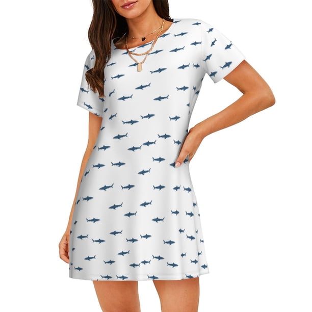 Balery Cute Shark Camisón de manga corta con cuello redondo para mujer, cómodo y elegante.